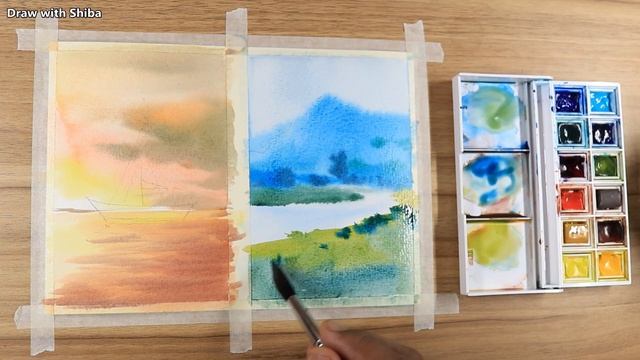 Акварельная живопись для начинающих: красивый закат и вечер в горах