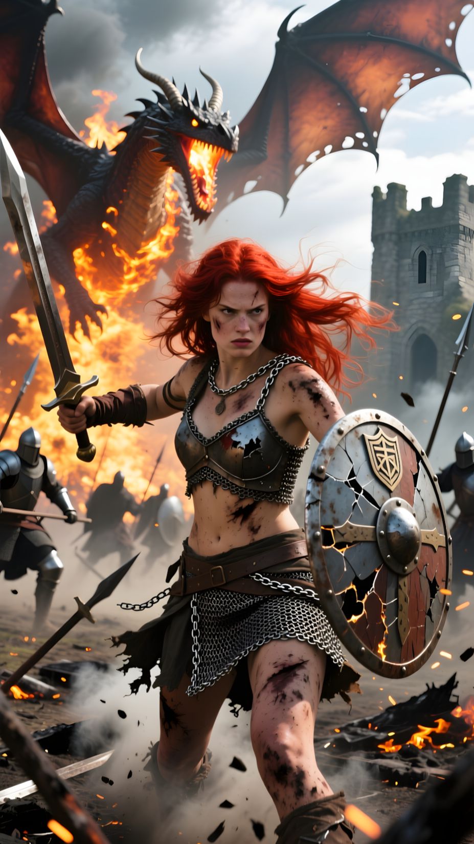 Женщина-рыцарь и огнедышащий дракон