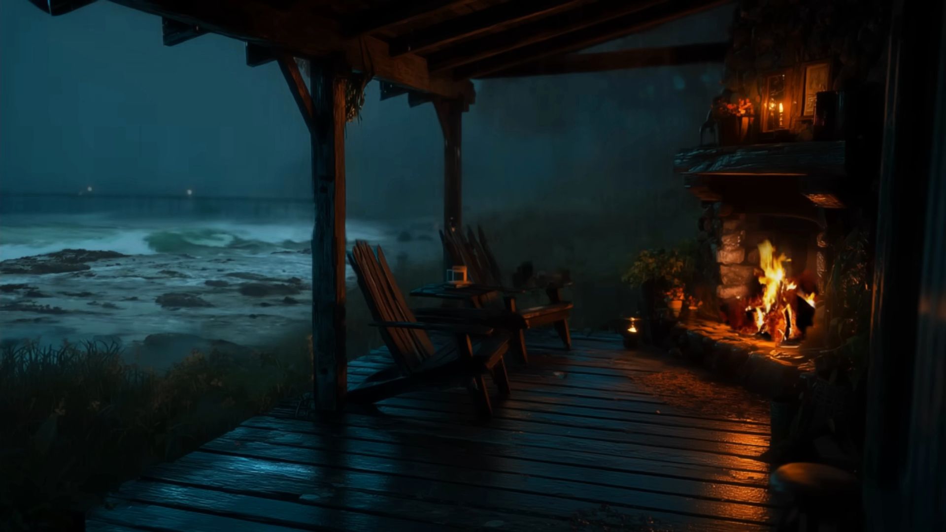 Дождь и Гроза у Океана | Уютный Камин для Сна и Глубокого Расслабления