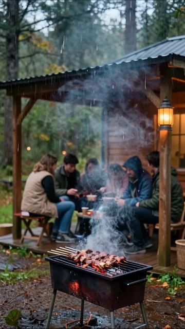 Вкусный шашлык под дождем с друзьями #природа #шашлык #выходные