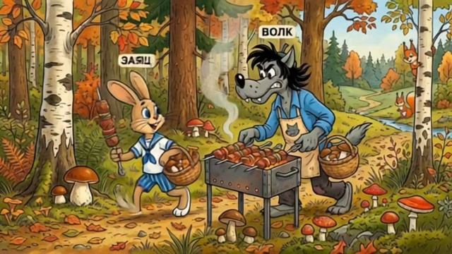 Ну погоди! Идут за грибами и шашлык жарят