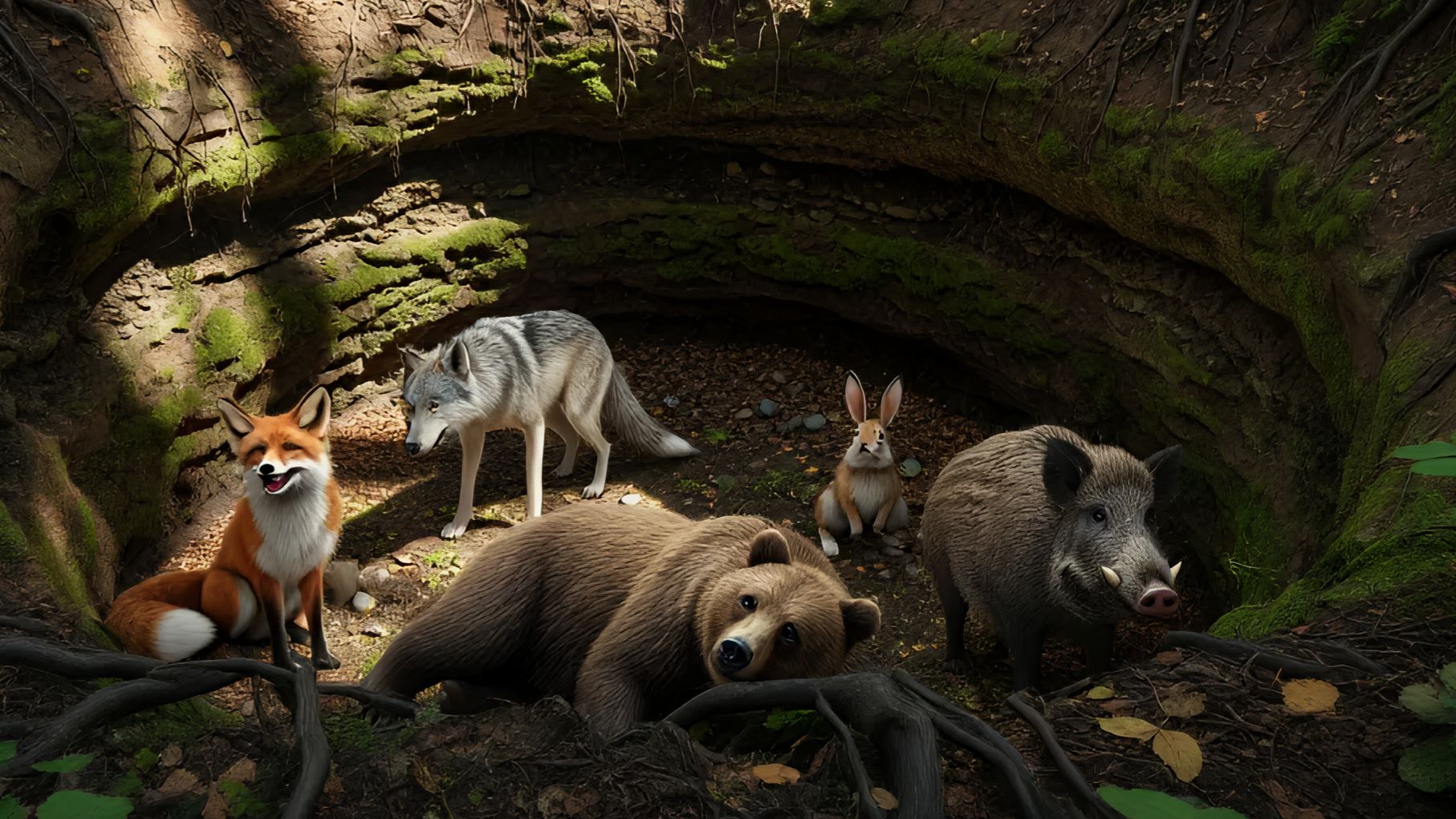 Звери (медведь, волк, лиса, заяц, кабан) попали в волчью яму. Анекдот