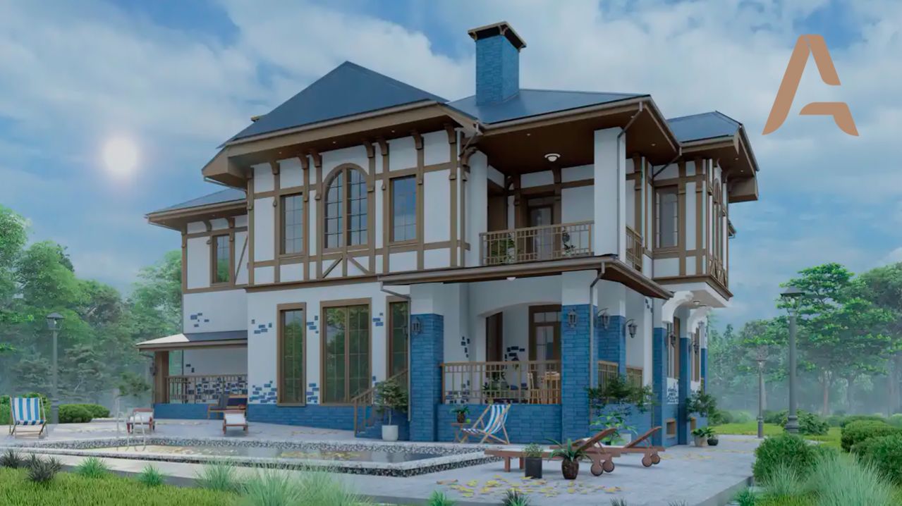 Красивый дом в скандинавском стиле. Проект дома с цокольным этажом, сауной, террасой и балконом