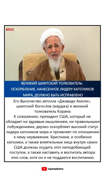 Великий шиитский толкователь: оскорбление, нанесенное лидеру католиков мира, должно быть исправлено