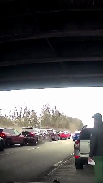 Авто собираются в ряд под мостом