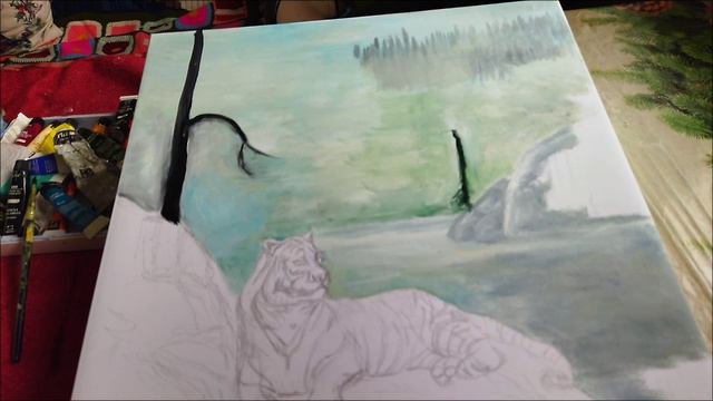 Рисую тигра в лесу возле воды. Начало работы