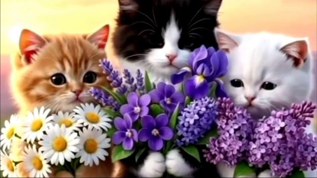 Заставка для видео ТРИ МИЛЫХ КОТИКА С ЦВЕТАМИ № 540