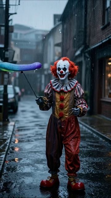 Клоун под дождем: ужас и веселье #клоун #ужасы #дождь