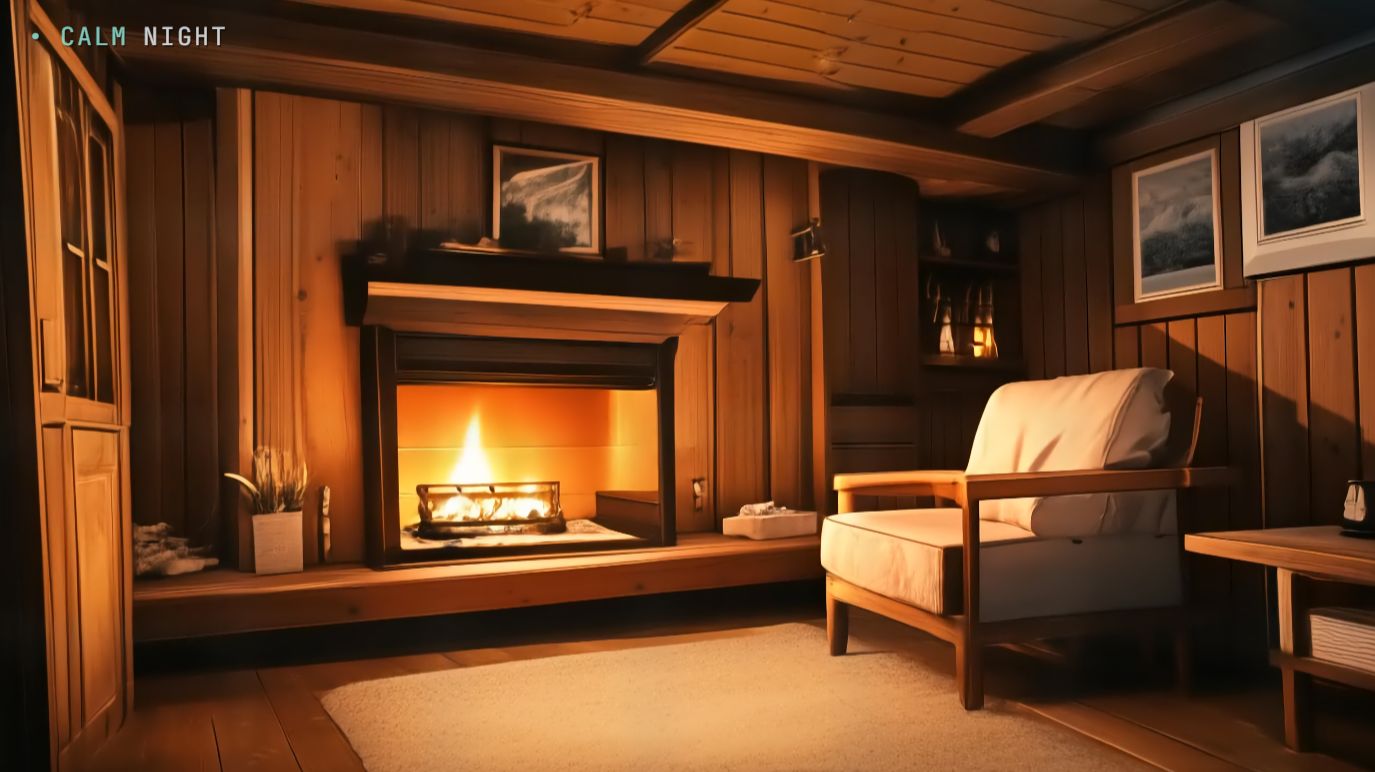 Камин в деревянном доме — спокойная анимация для сна