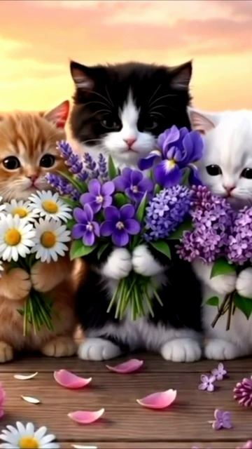 Заставка для видео ТРИ МИЛЫХ КОТИКА С ЦВЕТАМИ № 540
