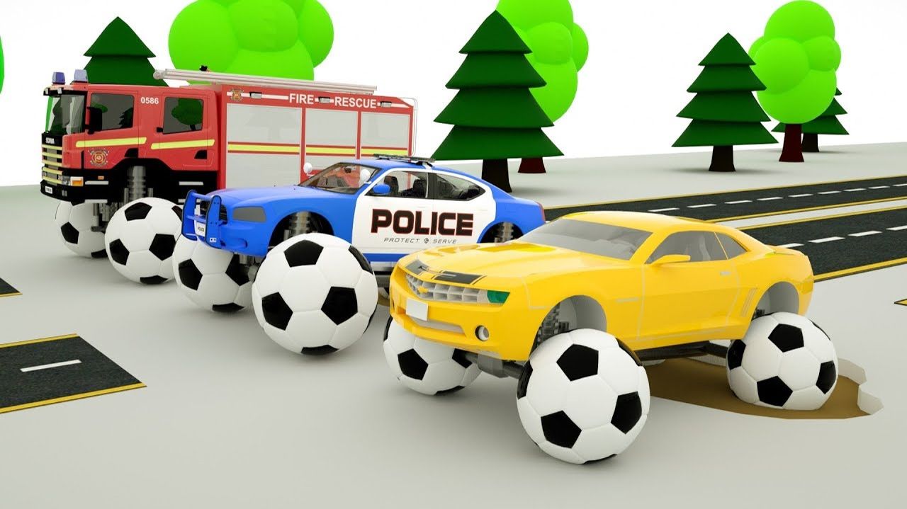 Изучайте цвета с помощью дорожных транспортных средств, в которых футбольные мячи заменены шинами