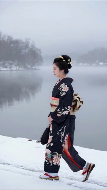 Зимняя идиллия: красота кимоно на фоне снега #кимоно #зима #японскаякультура