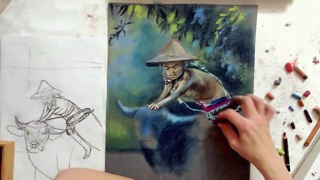 Мальчик с  буйволом -мастер класс сухой пастелью
