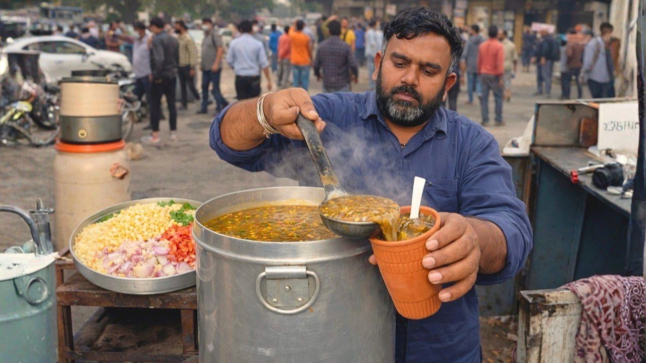 Как готовится овощной суп Момо  Процесс приготовления Индийской  уличной еды большими порциями