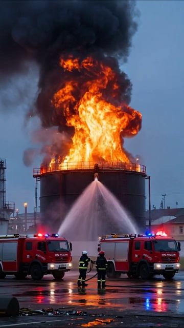 Пожарные борются с огнем на нефтебазе #пожар #спасение #нефтебаза