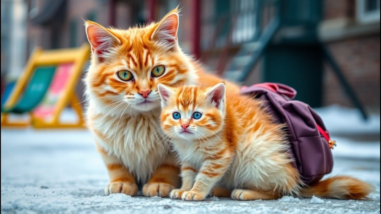 Мама-кошка утешает своего котёнка в первый день в школе ❄️🎒