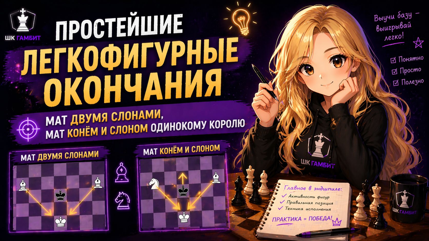 Легкофигурные эндшпили: мат двумя слонами и мат конём и слоном ♟️
