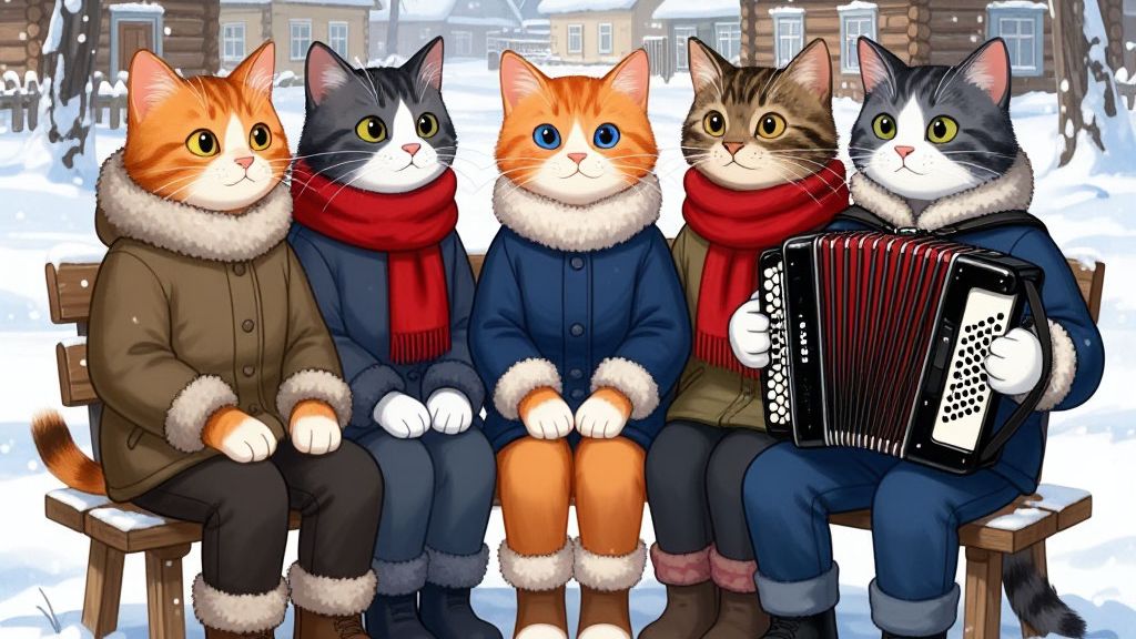 Кошачий концерт зимой на аккордеоне.
