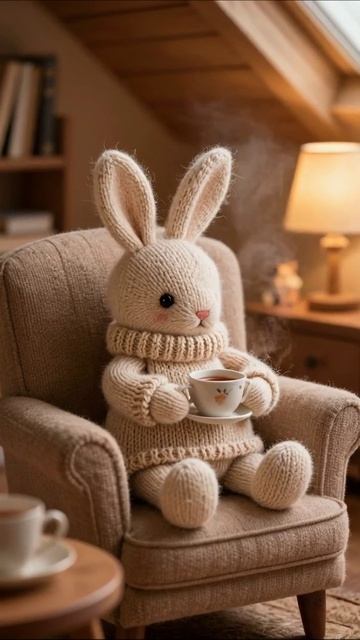 Уютный зайчонок с чашечкой чая #мягкаяигрушка #уют #вдохновение
