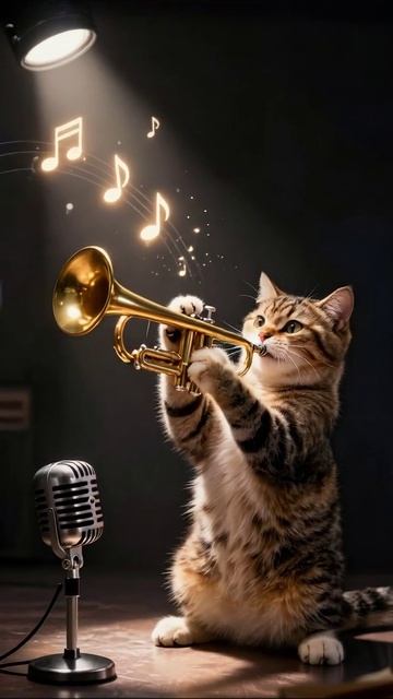 Кот играет на трубе в свете софита! #кот #музыка #приключения