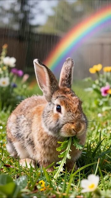 Заяц на лугу под радугой #животные #природа