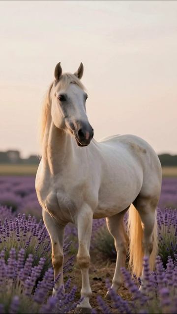 Очарование белой лошади среди лаванды #лошади #лаванда #природа #красота