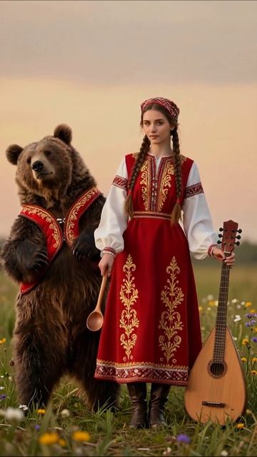 Медведь и девушка в национальных костюмах #Россия #традиции #природа