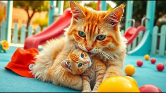 Мама-кошка заботится о своём котёнке. Посмотрите какая она нежная!