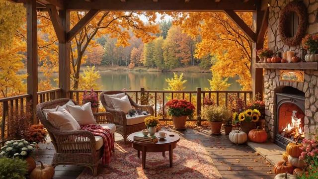 🍂 Осенняя атмосфера крыльца у озера | 🎹 Релакс-фортепиано с теплым потрескиванием камина🔥