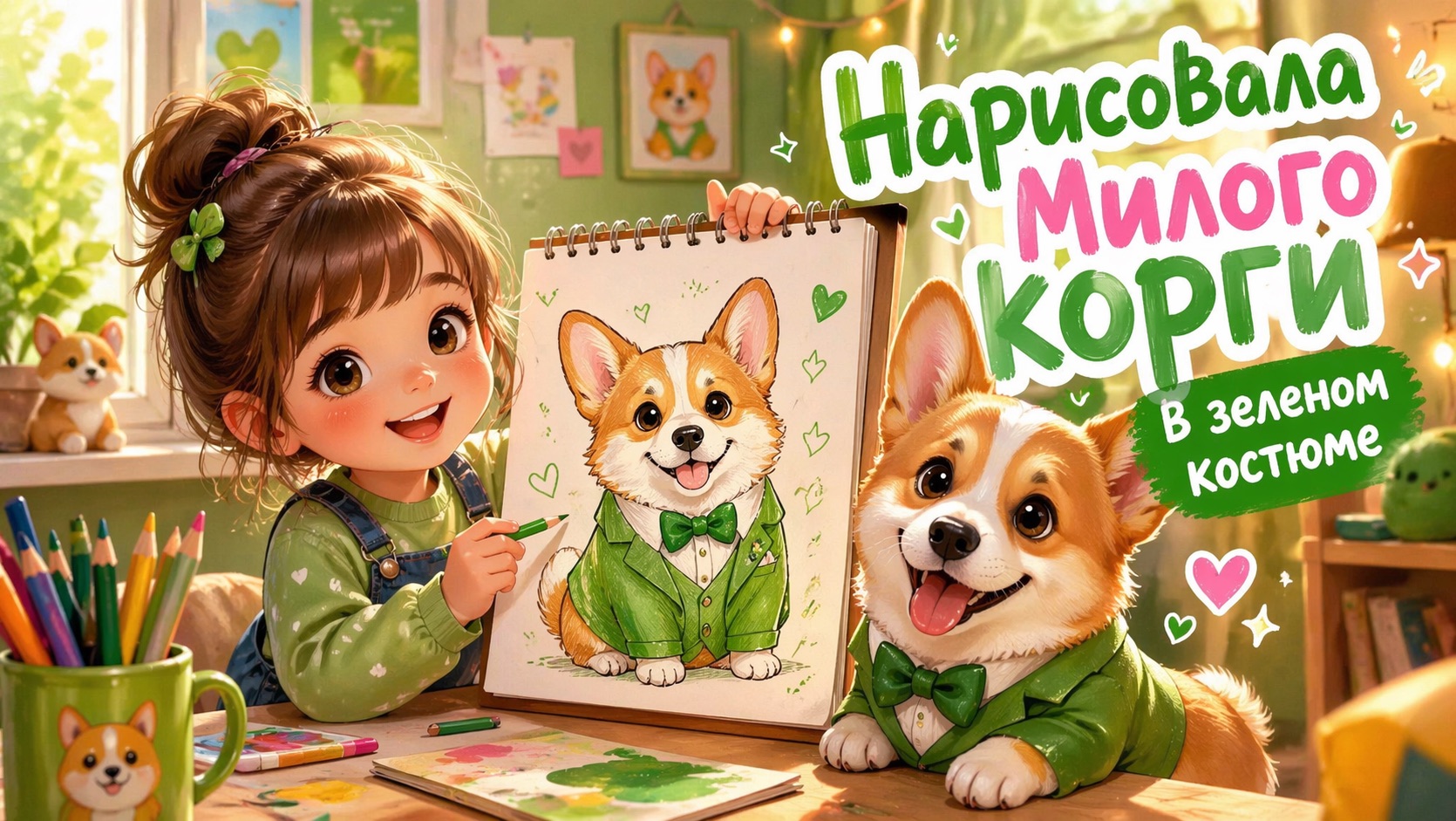 РИСУНОК КОРГИ В ЗЕЛЕНОМ КОСТЮМЕ