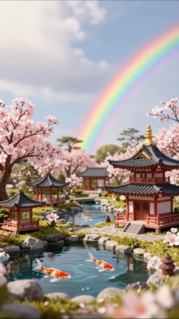 Сказочный сад с карпами и радугой природа ландшафт