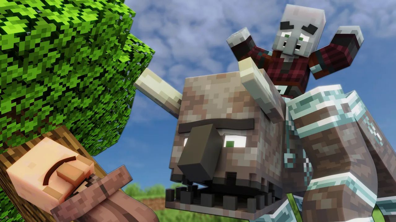 Эпическая схватка: житель против скелета на монстре Майнкрафт