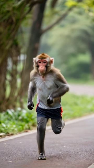 Бегущий обезьянка на пробежке обезьяна спорт приключения животные