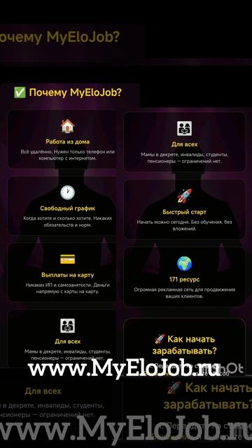 MyEloJob - работа улаленно на дому дистанционно: реферальные ссылки и продажа рекламных услуг.