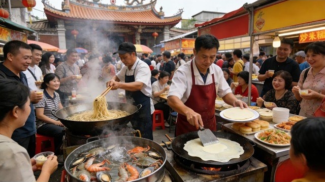 Уличная еда в провинции Фуцзянь Китай. Утренний рынок. Сырые и острые морепродукты моти квай