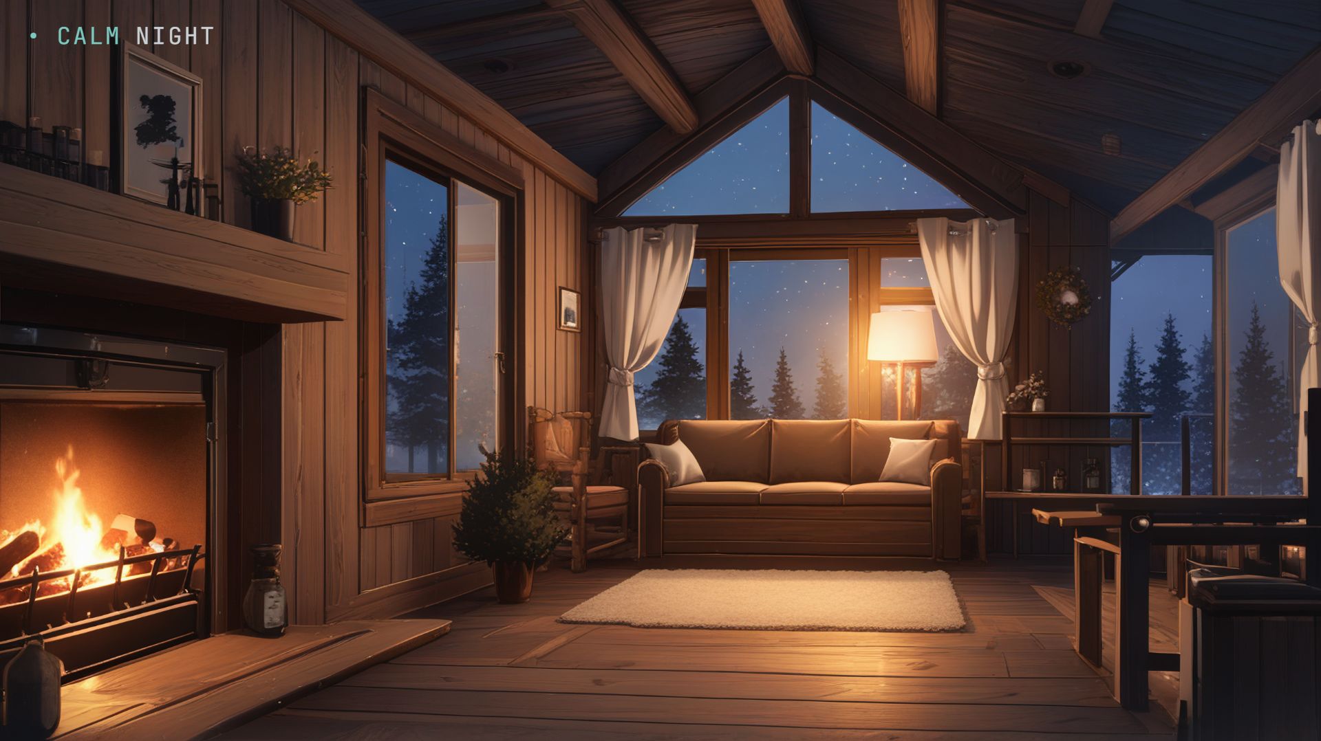 Камин и деревянный интерьер  спокойная анимация для сна
