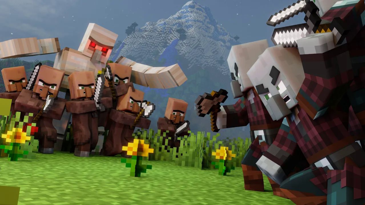 Осада деревни: голем ведёт жителей в бой Майнкрафт