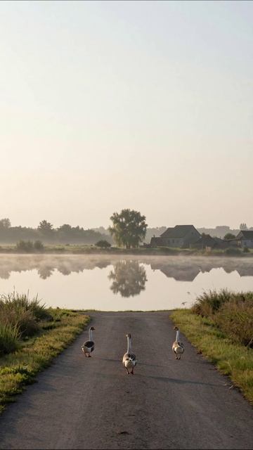 Утренний прогул по берегу: жизнь на природе природа гуси