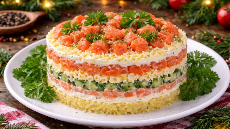 СЛОЁНЫЙ САЛАТ С ГОРБУШЕЙ