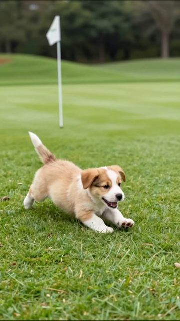 Щенок весело бегает по полю для гольфа щенки приключения