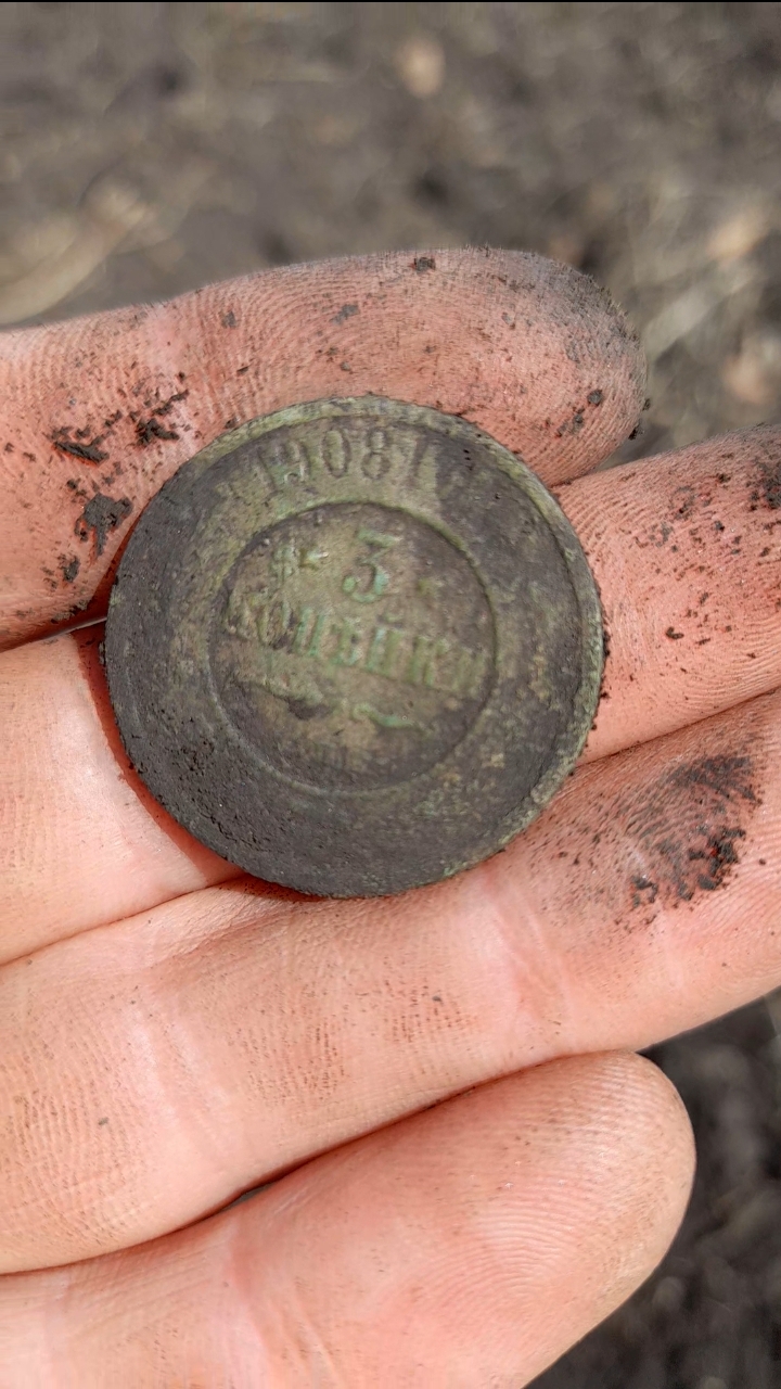 Монета Николая второго была найдена на старом урочище 3 копейки 1908 г.