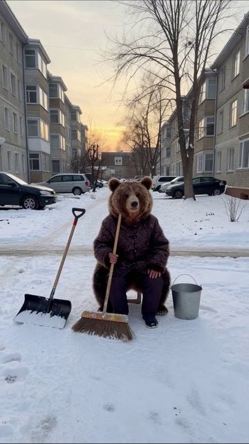 Медведь на уборке: зимние приключения #медведь #зима
