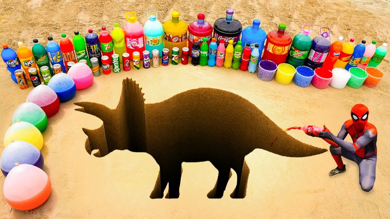 Как сделать яму для гигантских трицератопсов из цемента, Big Orbeez Fanta, Pepsi, Mtn Dew, Coca-Cola