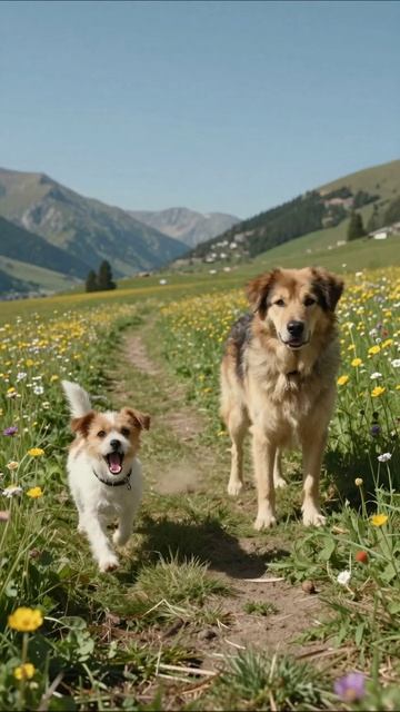 Друзья на природе: собаки в цветущем луга #собаки #природа #друзья #радость