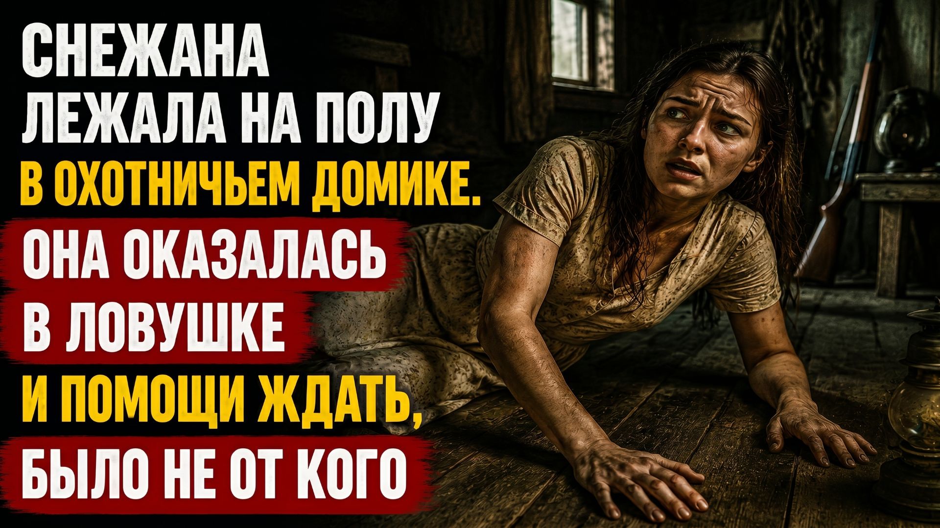 Снежана лежала на полу в охотничьем домике. Она оказалась в ловушке и помощи ждать было не от кого