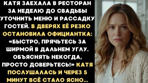 Быстро, прячьтесь за ширмой! - прошептала официантка. Катя послушалась и через 5 минут всё поняла...