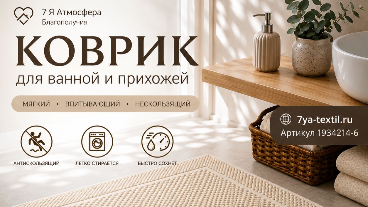 Коврик для ванной и прихожей 50×70 см молочный хлопковый  7 Я Атмосфера Благополучия