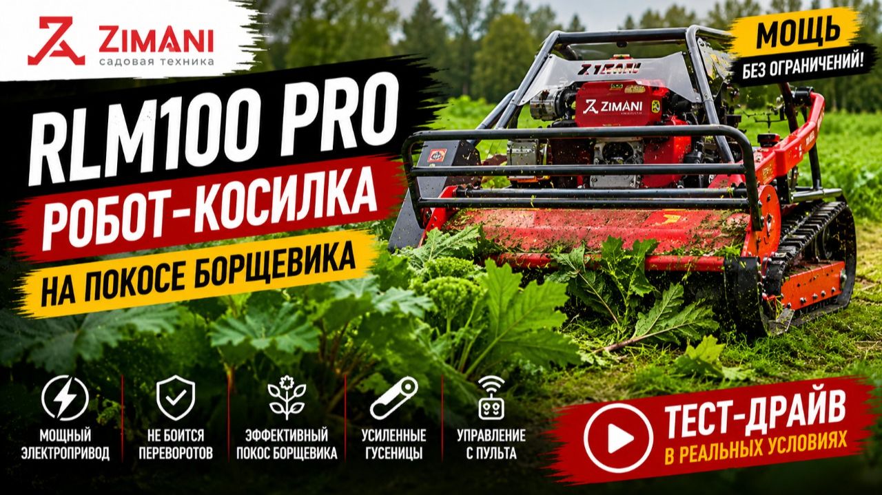Робот косилка ZimAni RLM100 PRO в работе на покосе борщевика
