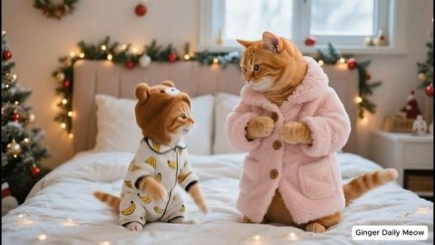 Рыжий котенок и мама-кошка собирают игрушечный снегоочиститель, который удивляет всех соседских котя