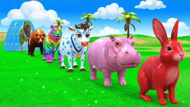 Игра «Длинный слайд» с коровой, слоном, гориллой, бегемотом, тигром. Забавная 3D-игра с животными